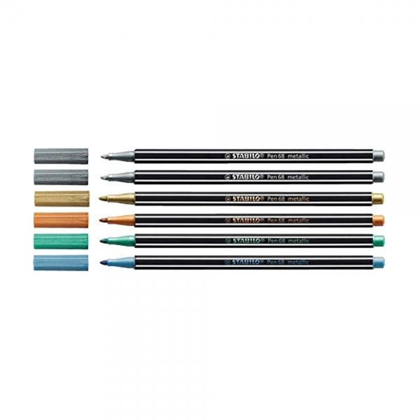 Stabilo Pen 68 Metallic Scatola in Metallo con 6 Pennarelli Metallizati aperti
