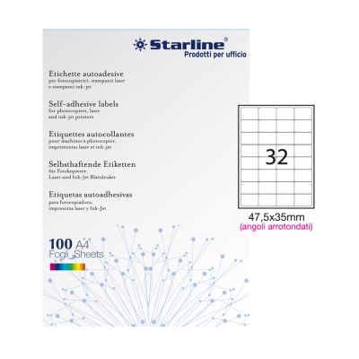 Starline Etichette Adesive con Angoli Arrotondati 47,5x35 mm 32 Et/Fg 100 Fogli A4 STL3052